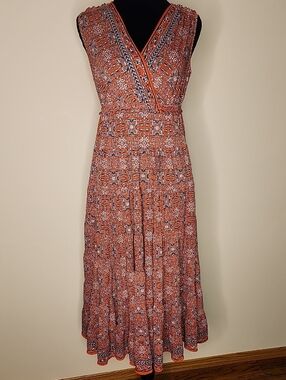 Max Studio Red Printed Midi Dress Boho Casual Flowy Lightweight Women’s Size SM